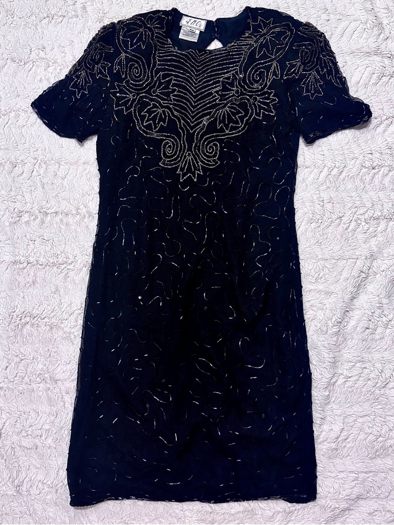 Vintage Jmc New York Hand Beaded Silk Dress Black Cocktail Lbd Petite Medium